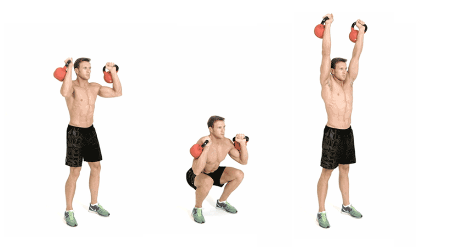 Dynamic overhead presses with kettlebells involve all large muscles